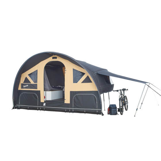 Caravane pliante Raclet SEQUOIA ouverte + vélo Caravane pliante Raclet SEQUOIA ouverte + vélo